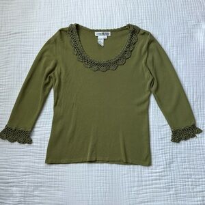 Sara & Lily olive green top with crochet neckline and wrist details -Size Large